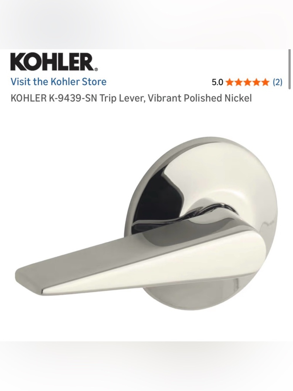 NIB KOHLER K-9439-SN Trip Lever, Vibrant Polished Nickel